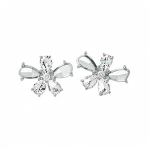 Elegant silver-tone flower stud earrings with sparkling teardrop-shaped white zircons