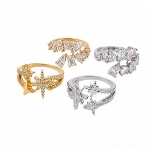 Elegant set of gold and silver adjustable open rings with star and zircon cluster designs