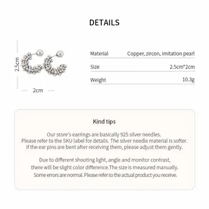Detailed material and size specifications for elegant C-shaped pearl and zircon earrings
