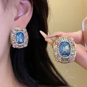 Orecchini a Bottone Ovali Vintage Oro Blu Con Strass E Perno in Argento Sterling 925 Gioielli Lussuosi per Matrimonio Donna