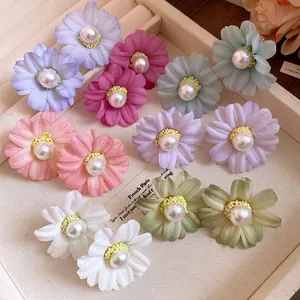 Handmade Fabric Flower Artificial Pearl Stud Earrings With Silver Earring Post Fresh Sweet Floral Jewelry For Women
