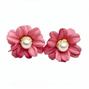 Vintage style pink fabric flower stud earrings with central pearl detail