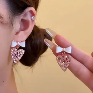 Boucles d'Oreilles Clous Doux Nœud Cœur Perle Artificielle Pour Femmes Luxe Élégant Alliage Strass Émail Bijoux Cadeau