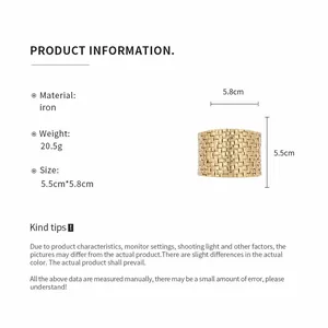 Detail showing golden woven texture cuff bracelet with dimensions and material specs.