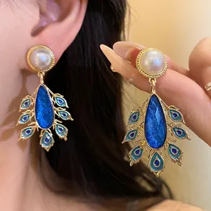 Vintage Artificial Pearl Teardrop Drop Earrings For Women Golden Alloy Blue Enamel Peacock Feather Earrings Retro Jewelry Gift
