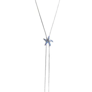 Elegant silver lariat necklace with a blue rhinestone-encrusted starfish pendant