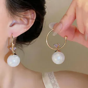 Boucles d'Oreilles Créoles Or Vintage Français Avec Tige en Argent Sterling 925 Grosse Perle Artificielle Blanche Pendentif Zirconia Coeur Bijoux Luxe Femme
