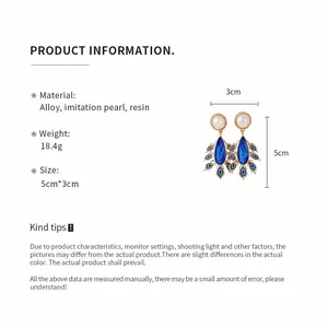 Product specs for vintage blue teardrop earrings with pearl top and size guide details