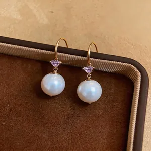Boucles d'oreilles perles élégantes de style français avec pierre violette et crochets