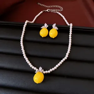 Vintage Resin Lemon Pendant Artificial Pearl Necklace Zirconia Stud Earrings For Women Light Luxury Fashion Accessories