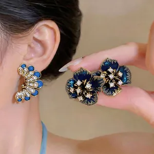 Vintage Alloy Rhinestone Flower Stud Earrings With 925 Sterling Silver Earring Post Gold Deep Blue Dark Minimalist Jewelry For Women