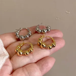 Minimalist Metal Beaded Hoop Earrings With 925 Sterling Silver Earring Post Gold Silver Cold Style Women Jewelry
