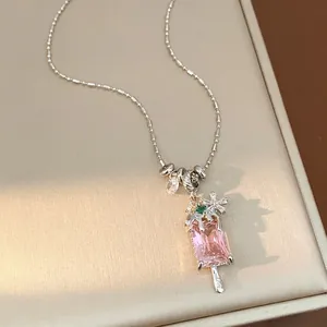 Pink Square Zirconia Ice Cream Pendant Necklace For Women Silver Plated Copper Flower Clavicle Chain Fashion Sweet Jewelry