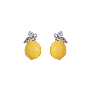 Elegant vintage lemon stud earrings featuring yellow resin and sparkling cubic zirconia stones