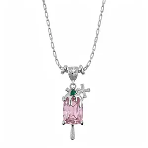 Exquisite pink zircon popsicle pendant necklace with silver dripping metal and green accent gem
