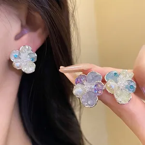 Vintage Light Luxury Flower Stud Earrings For Women Zirconia Artificial Pearl Silver Earring Post Glass Jewelry