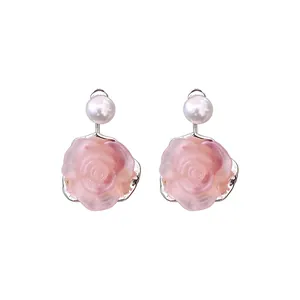 Elegant French vintage style sweet pink rose stud earrings with white pearl accents
