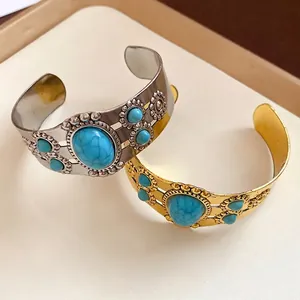 Elegant vintage style flower engraved metal cuff bracelet with oval turquoise stones