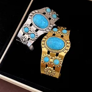 Vintage oval turquoise flower open cuff bracelet in gold and silver finish