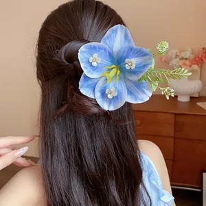Elegant Blue Fabric Flower Hair Stick With Rhinestone Handmade Floral Hairpin For Women Daily Wedding Hair Accessory