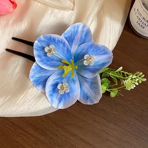Elegant blue fabric flower hair fork with sparkling crystal accents for women's hair accessories