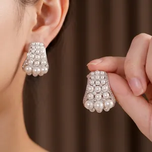 Elegant silver needle zircon and pearl stud earrings in luxury palace style design