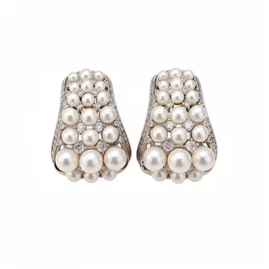 Vintage style silver needle earrings with graduated pearls and sparkling zircons