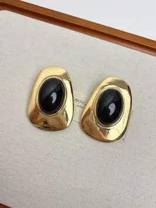 Vintage French style oval gold earrings with black gemstone inlay