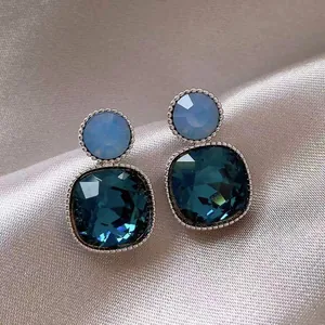 Vintage Square Rhinestone Stud Earrings For Women Luxury Blue Geometric Jewelry With Silver Earring Post Elegant Banquet Accessories