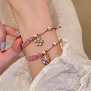 Hand Woven Colorful Rope Bracelet With Artificial Pearl Floral Gourd Charm Light Luxury Fashion Women Jewelry Bracelet Gift