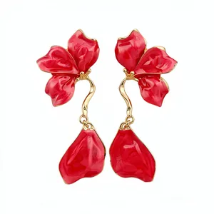 Vintage red enamel flower pendant earrings with gold-plated stems for elegant women style