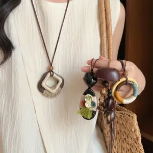 Ethnic Style Wood Fruit Pendant Necklace Long Bohemian Braided Cord Sweater Chain For Women Handmade Retro Jewelry Accessory