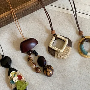 Bohemian ethnic style long necklace with wood and natural fruit elements for women
