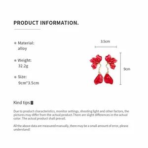 Product specification and size details for vintage red floral drip oil pendant earrings