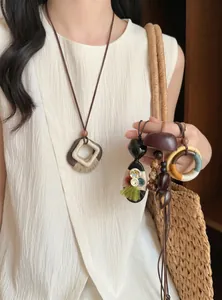 Handmade bohemian ethnic style wood and fruit nut long pendant necklace for women