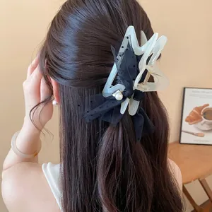 Vintage Sweet Star Shaped Hair Claw For Women Large Size Polka Dot Mesh Bow Handmade Hair Clip Elegant Hair Accessory