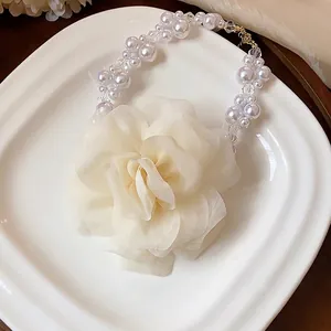 Summer style elegant chiffon flower choker necklace with pearls and glass bead details