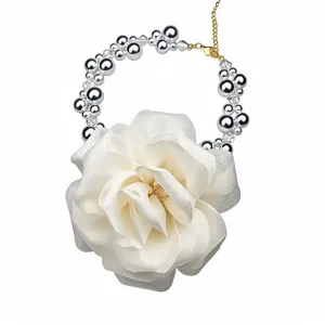 Elegant summer necklace with white chiffon flower and silver glass pearls on gold chain