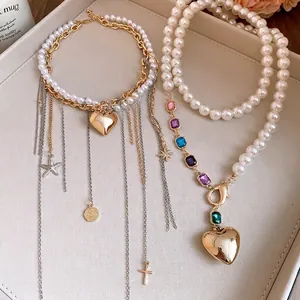 Vintage Künstliche Perle Herz Anhänger Halskette Für Damen Legierung Strass Mehrlagige Schlüsselbeinkette Luxus Schmuck