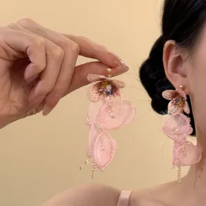 Pendientes Largos Dulces de Flor de Gasa con Borlas para Mujer Estilo Mori Bohemio Poste de Plata Joyería Hecha a Mano Floral