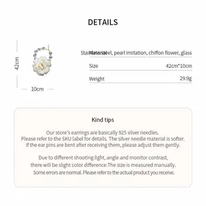 Detailed view of glass beaded chiffon flower necklace with weight and size specifications