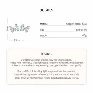Détails techniques des boucles d'oreilles papillon en zircon et verre en argent 925