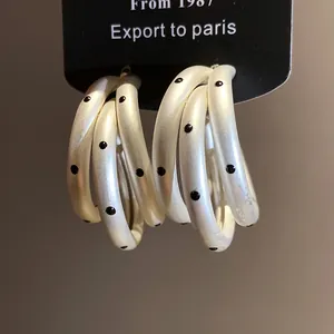 Detail view of matte white hoop earrings with black polka dots and silver needle