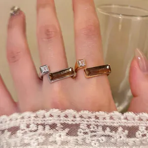 Minimalist Geometric 18K Gold Silver Plated Copper Ring with Rhinestone Square Inlay Adjustable Open Finger Ring for Women Jewelry