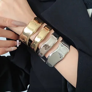 Women's Irregular Double Layer Smooth Open Bangle Bracelet Minimalist Iron Electroplated Metal Cuff Fashion Jewelry Gold Silver