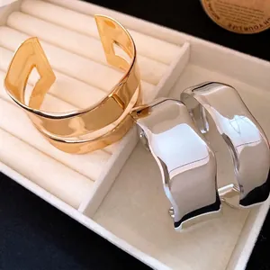 Minimalist irregular metal double-layer open cuff bracelet set in gold and silver