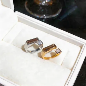 Elegant 18k gold plated geometric rings with rectangular brown stones and diamonds