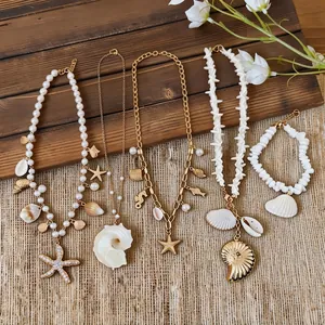 Elegant ocean theme shell and starfish pearl necklace set for women fashion style