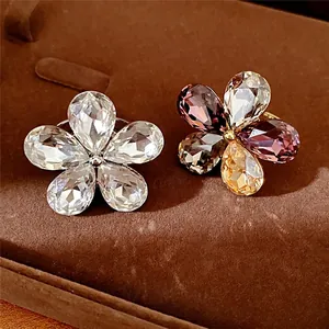 Elegant crystal flower adjustable open ring with sparkling pear-cut stones for women
