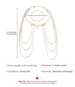 Especificaciones detalladas de tamaño y material para la cadena corporal de perlas